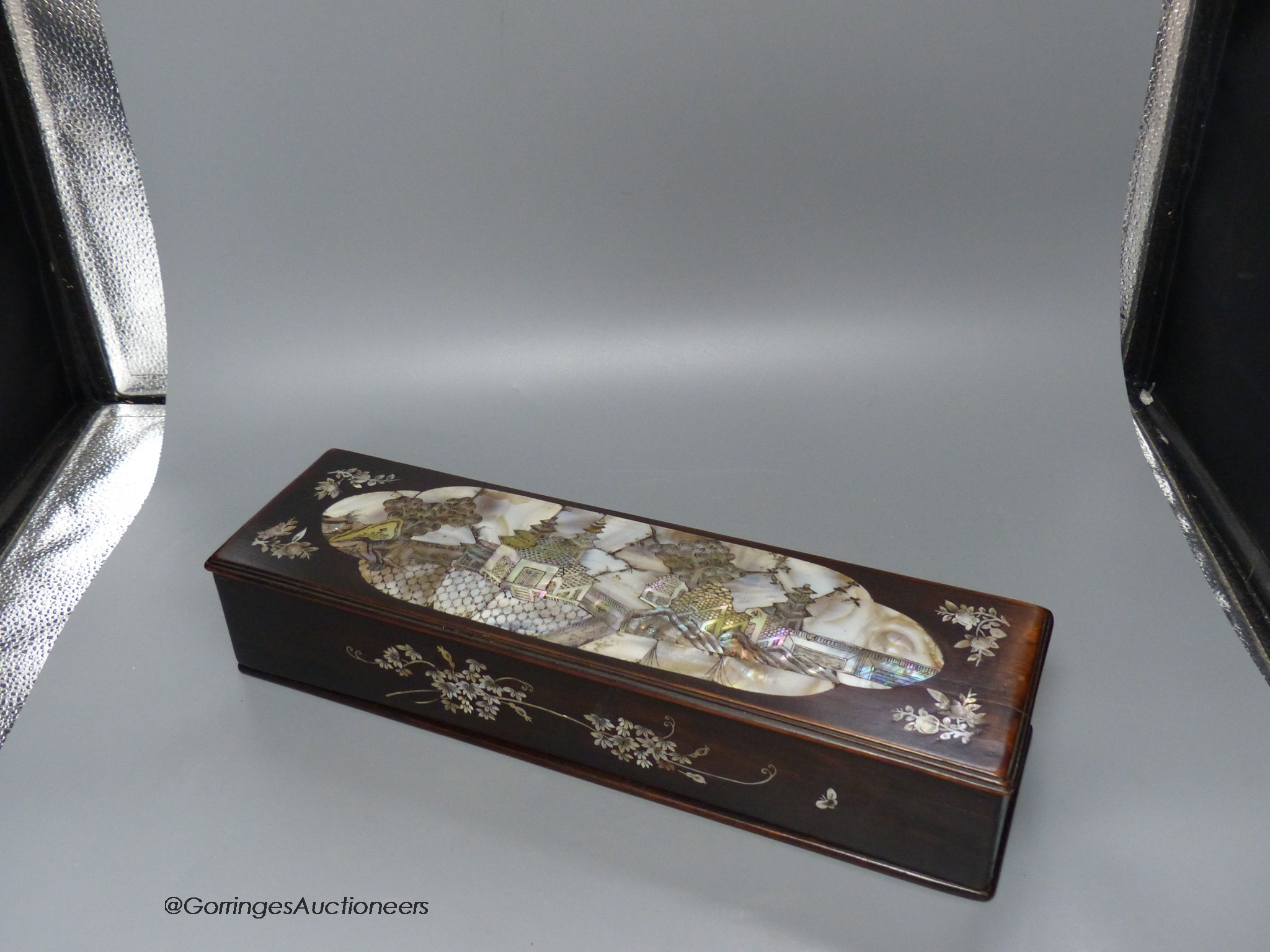 A Chinese Hongmu and mother of pearl brush box, 40cm long